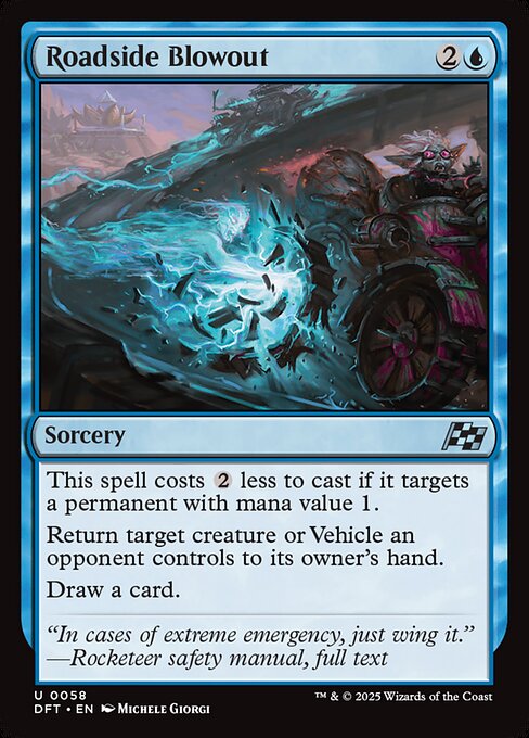 This spell costs {2} less to cast if it targets a permanent with mana value 1.
Return target creature or Vehicle an opponent controls to its owner's hand.
Draw a card.