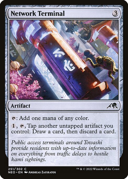 {T}: Add one mana of any color.
{1}, {T}, Tap another untapped artifact you control: Draw a card, then discard a card.