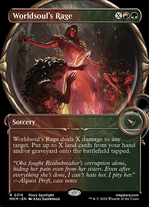 Worldsoul's Rage deals X damage to any target. Put up to X land cards from your hand and/or graveyard onto the battlefield tapped.