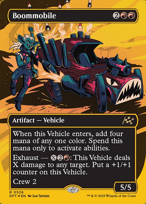 When this Vehicle enters, add four mana of any one color. Spend this mana only to activate abilities.
Exhaust — {X}{2}{R}: This Vehicle deals X damage to any target. Put a +1/+1 counter on this Vehicle. (Activate each exhaust ability only once.)
Crew 2