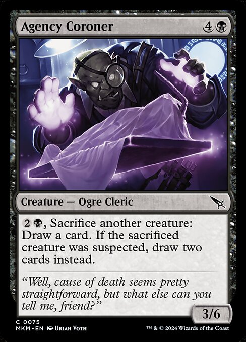 {2}{B}, Sacrifice another creature: Draw a card. If the sacrificed creature was suspected, draw two cards instead.