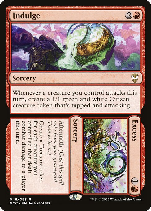 Whenever a creature you control attacks this turn, create a 1/1 green and white Citizen creature token that's tapped and attacking.   Aftermath (Cast this spell only from your graveyard. Then exile it.)
Create a Treasure token for each creature you controlled that dealt combat damage to a player this turn.
