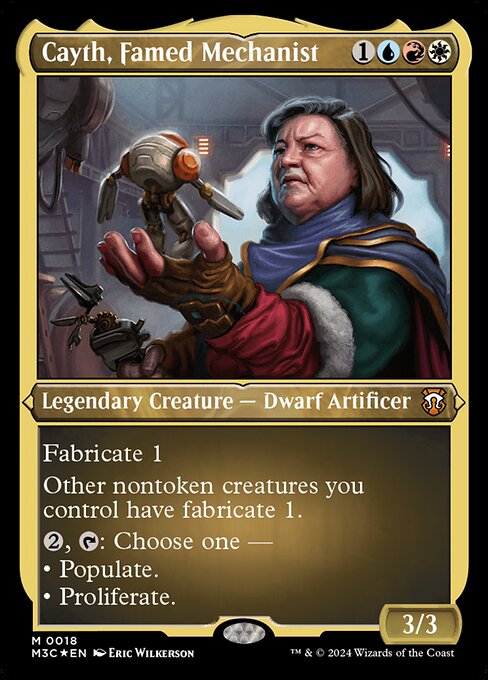 Fabricate 1 (When this creature enters the battlefield, put a +1/+1 counter on it or create a 1/1 colorless Servo artifact creature token.)
Other nontoken creatures you control have fabricate 1.
{2}, {T}: Choose one —
• Populate.
• Proliferate.