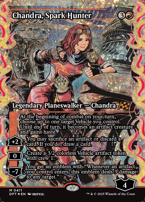 At the beginning of combat on your turn, choose up to one target Vehicle you control. Until end of turn, it becomes an artifact creature and gains haste.
+2: You may sacrifice an artifact or discard a card. If you do, draw a card.
0: Create a 3/2 colorless Vehicle artifact token with crew 1.
−7: You get an emblem with "Whenever an artifact you control enters, this emblem deals 3 damage to any target."