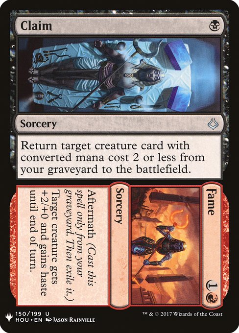 Return target creature card with mana value 2 or less from your graveyard to the battlefield.   Aftermath (Cast this spell only from your graveyard. Then exile it.)
Target creature gets +2/+0 and gains haste until end of turn.