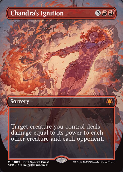 Target creature you control deals damage equal to its power to each other creature and each opponent.
