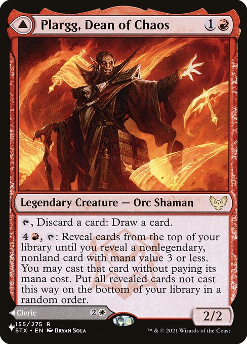 {T}, Discard a card: Draw a card.
{4}{R}, {T}: Reveal cards from the top of your library until you reveal a nonlegendary, nonland card with mana value 3 or less. You may cast that card without paying its mana cost. Put all revealed cards not cast this way on the bottom of your library in a random order.   Other tapped creatures you control get +1/+0.
Other untapped creatures you control get +0/+1.
Whenever you attack, untap each creature you control, then tap any number of creatures you control.