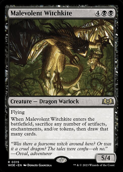 Flying
When Malevolent Witchkite enters the battlefield, sacrifice any number of artifacts, enchantments, and/or tokens, then draw that many cards.