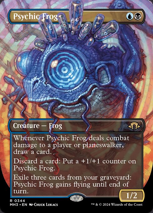 Whenever Psychic Frog deals combat damage to a player or planeswalker, draw a card.
Discard a card: Put a +1/+1 counter on Psychic Frog.
Exile three cards from your graveyard: Psychic Frog gains flying until end of turn.