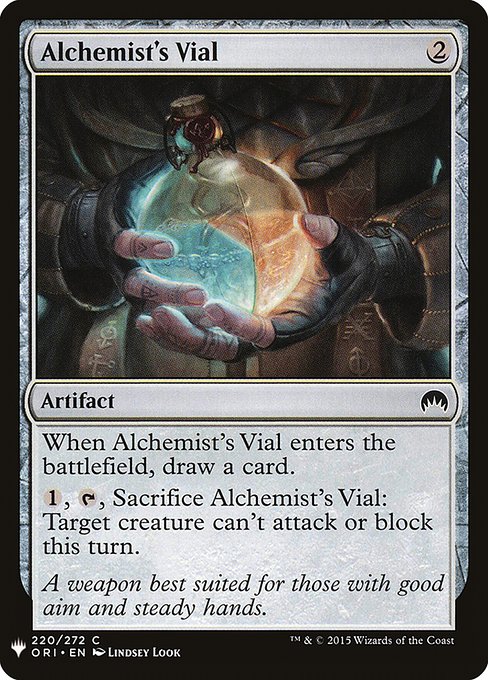 When Alchemist's Vial enters, draw a card.
{1}, {T}, Sacrifice Alchemist's Vial: Target creature can't attack or block this turn.