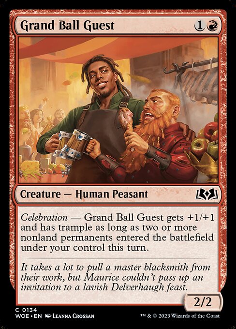 Celebration — Grand Ball Guest gets +1/+1 and has trample as long as two or more nonland permanents entered the battlefield under your control this turn.