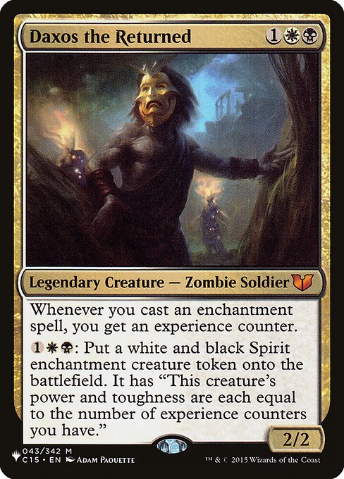Whenever you cast an enchantment spell, you get an experience counter.
{1}{W}{B}: Create a white and black Spirit enchantment creature token. It has "This creature's power and toughness are each equal to the number of experience counters you have."
