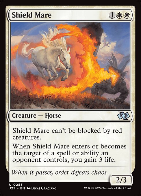 Shield Mare can't be blocked by red creatures.
When Shield Mare enters or becomes the target of a spell or ability an opponent controls, you gain 3 life.