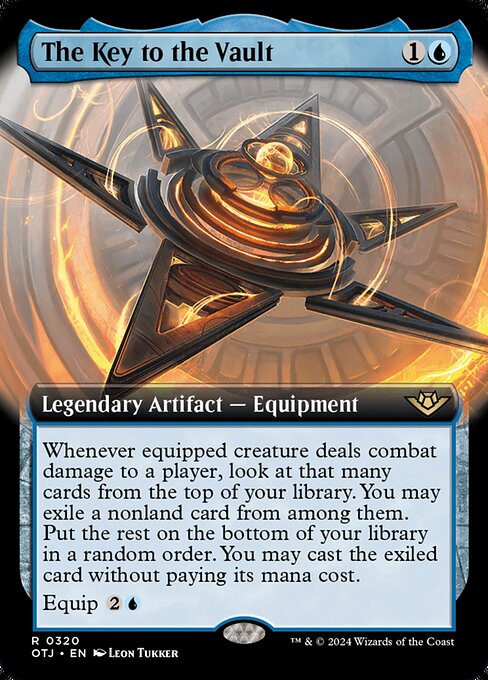 Whenever equipped creature deals combat damage to a player, look at that many cards from the top of your library. You may exile a nonland card from among them. Put the rest on the bottom of your library in a random order. You may cast the exiled card without paying its mana cost.
Equip {2}{U}