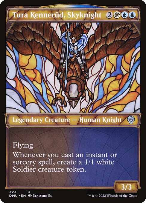 Flying
Whenever you cast an instant or sorcery spell, create a 1/1 white Soldier creature token.