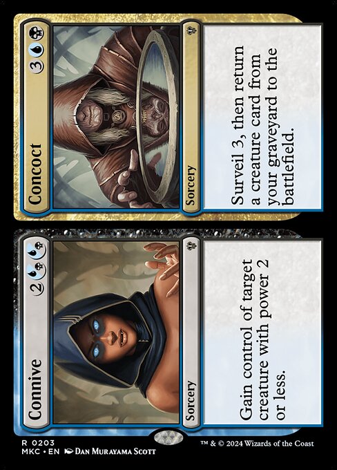 Gain control of target creature with power 2 or less.   Surveil 3, then return a creature card from your graveyard to the battlefield.