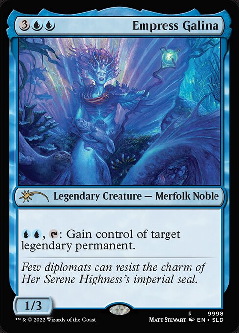 {U}{U}, {T}: Gain control of target legendary permanent. (This effect lasts indefinitely.)