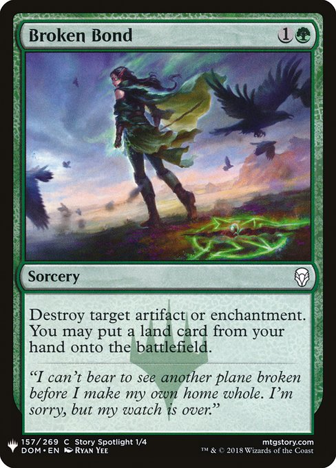 Destroy target artifact or enchantment. You may put a land card from your hand onto the battlefield.