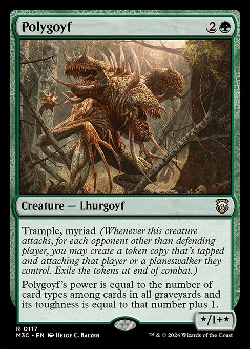 Trample, myriad (Whenever this creature attacks, for each opponent other than defending player, you may create a token copy that's tapped and attacking that player or a planeswalker they control. Exile the tokens at end of combat.)
Polygoyf's power is equal to the number of card types among cards in all graveyards and its toughness is equal to that number plus 1.