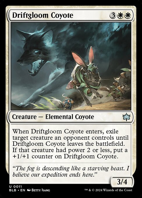 When Driftgloom Coyote enters, exile target creature an opponent controls until Driftgloom Coyote leaves the battlefield. If that creature had power 2 or less, put a +1/+1 counter on Driftgloom Coyote.