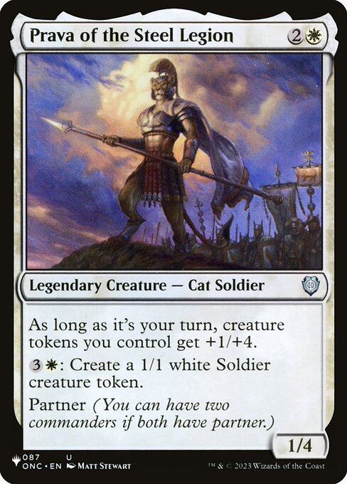 During your turn, creature tokens you control get +1/+4.
{3}{W}: Create a 1/1 white Soldier creature token.
Partner (You can have two commanders if both have partner.)
