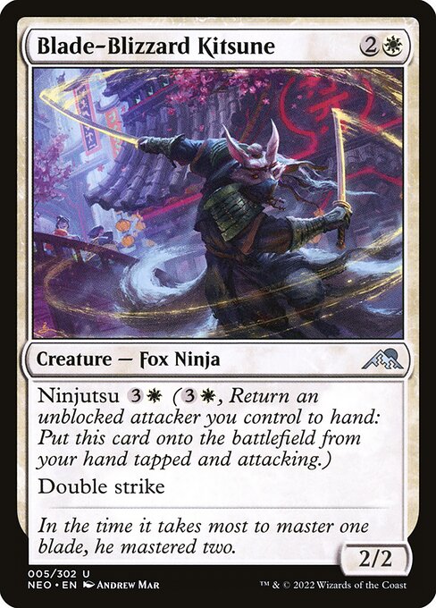 Ninjutsu {3}{W} ({3}{W}, Return an unblocked attacker you control to hand: Put this card onto the battlefield from your hand tapped and attacking.)
Double strike