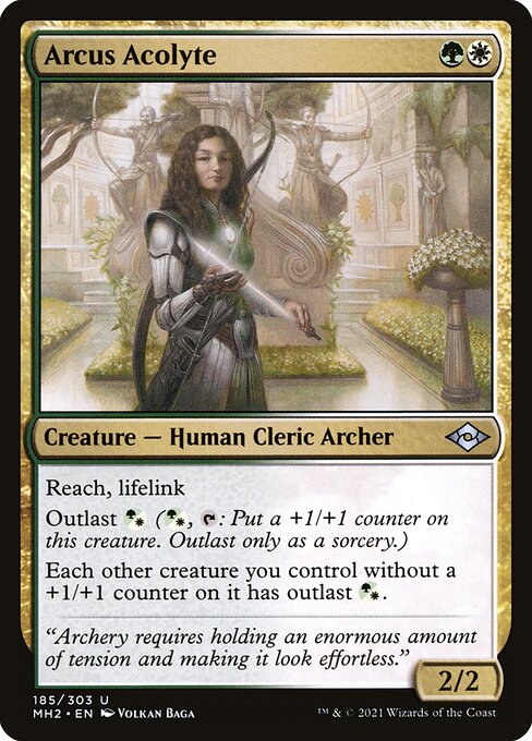 Reach, lifelink
Outlast {G/W} ({G/W}, {T}: Put a +1/+1 counter on this creature. Outlast only as a sorcery.)
Each other creature you control without a +1/+1 counter on it has outlast {G/W}.