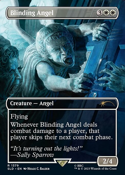Flying (This creature can't be blocked except by creatures with flying or reach.)
Whenever Blinding Angel deals combat damage to a player, that player skips their next combat phase.