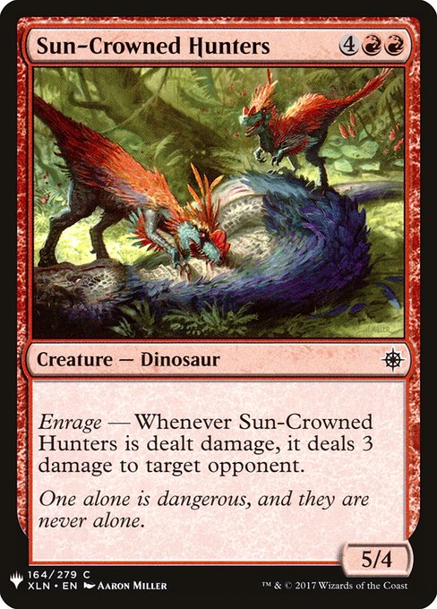 Enrage — Whenever Sun-Crowned Hunters is dealt damage, it deals 3 damage to target opponent or planeswalker.