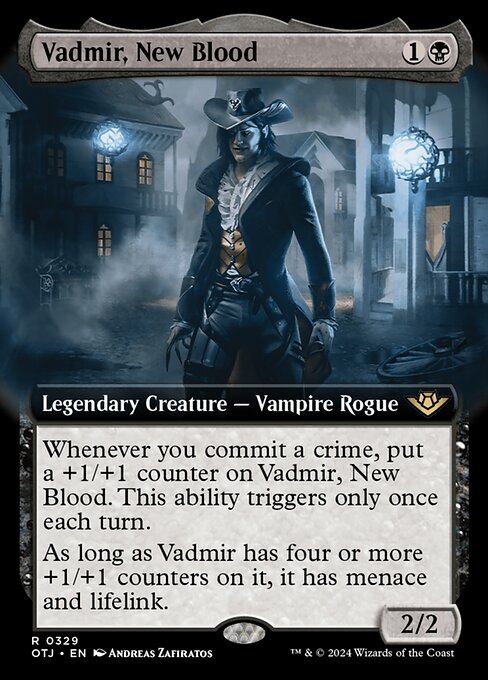 Whenever you commit a crime, put a +1/+1 counter on Vadmir, New Blood. This ability triggers only once each turn. (Targeting opponents, anything they control, and/or cards in their graveyards is a crime.)
As long as Vadmir has four or more +1/+1 counters on it, it has menace and lifelink.