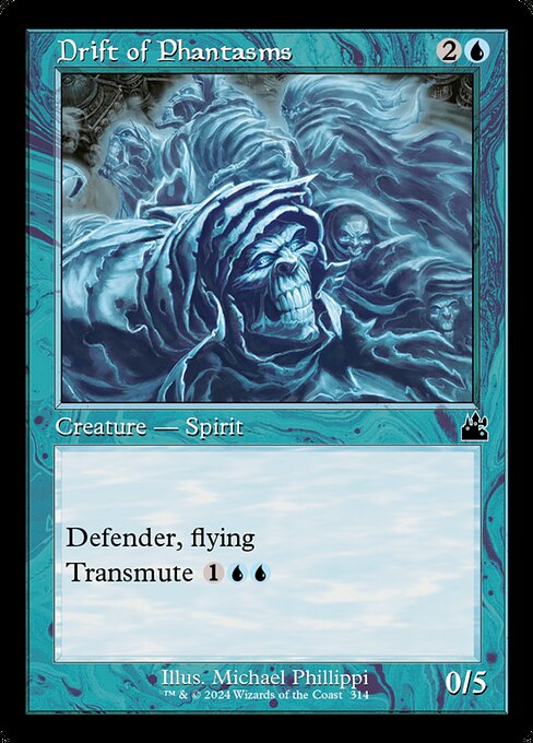 Defender (This creature can't attack.)
Flying
Transmute {1}{U}{U} ({1}{U}{U}, Discard this card: Search your library for a card with the same mana value as this card, reveal it, put it into your hand, then shuffle. Transmute only as a sorcery.)