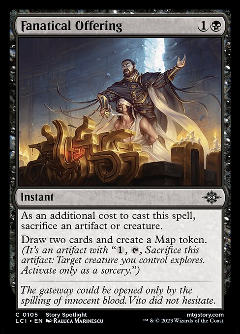 As an additional cost to cast this spell, sacrifice an artifact or creature.
Draw two cards and create a Map token. (It's an artifact with "{1}, {T}, Sacrifice this artifact: Target creature you control explores. Activate only as a sorcery.")