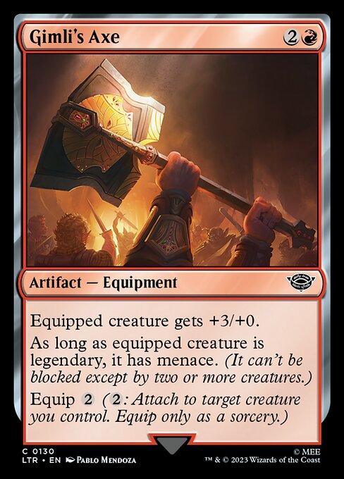 Equipped creature gets +3/+0.
As long as equipped creature is legendary, it has menace. (It can't be blocked except by two or more creatures.)
Equip {2} ({2}: Attach to target creature you control. Equip only as a sorcery.)