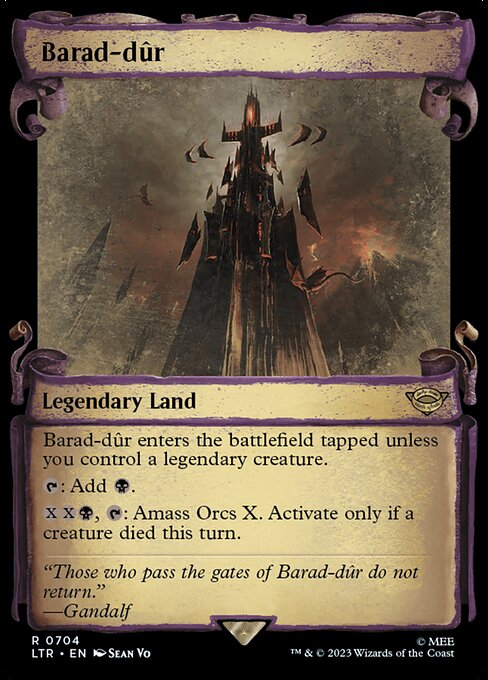 Barad-dûr enters the battlefield tapped unless you control a legendary creature.
{T}: Add {B}.
{X}{X}{B}, {T}: Amass Orcs X. Activate only if a creature died this turn.
