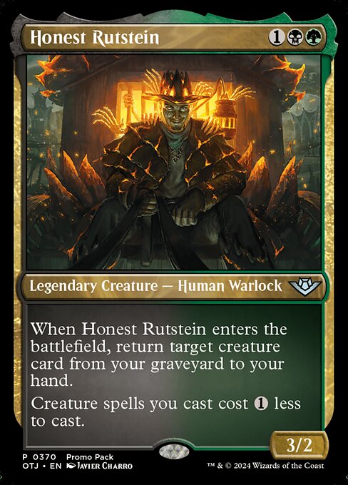When Honest Rutstein enters the battlefield, return target creature card from your graveyard to your hand.
Creature spells you cast cost {1} less to cast.