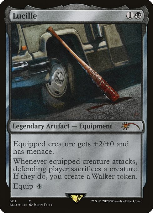 Equipped creature gets +2/+0 and has menace.
Whenever equipped creature attacks, defending player sacrifices a creature. If they do, you create a Walker token. (It's a 2/2 black Zombie creature.)
Equip {4}