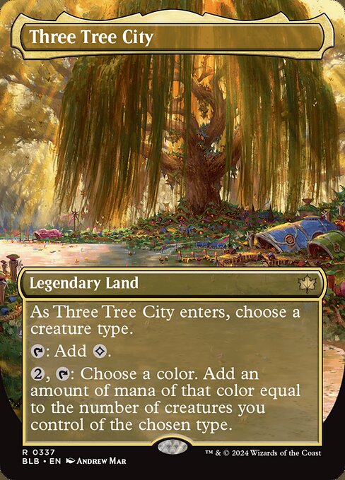 As Three Tree City enters, choose a creature type.
{T}: Add {C}.
{2}, {T}: Choose a color. Add an amount of mana of that color equal to the number of creatures you control of the chosen type.