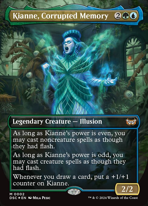 As long as Kianne's power is even, you may cast noncreature spells as though they had flash.
As long as Kianne's power is odd, you may cast creature spells as though they had flash.
Whenever you draw a card, put a +1/+1 counter on Kianne.