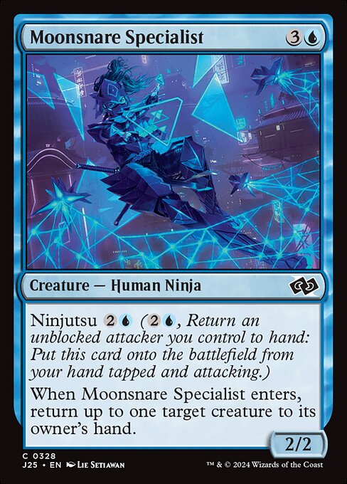 Ninjutsu {2}{U} ({2}{U}, Return an unblocked attacker you control to hand: Put this card onto the battlefield from your hand tapped and attacking.)
When Moonsnare Specialist enters, return up to one target creature to its owner's hand.