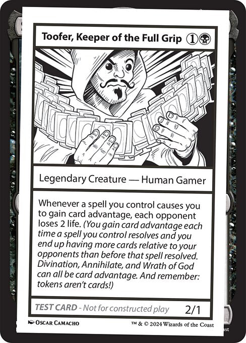 Whenever a spell you control causes you to gain card advantage, each opponent loses 2 life. (You gain card advantage each time a spell you control resolves and you end up having more cards relative to your opponents than before that spell resolved. Divination, Annihilate, and Wrath of God can all be card advantage. And remember: tokens aren't cards!)