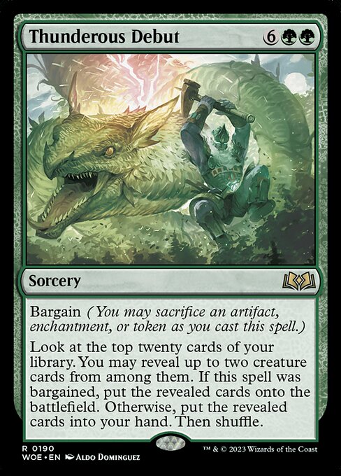Bargain (You may sacrifice an artifact, enchantment, or token as you cast this spell.)
Look at the top twenty cards of your library. You may reveal up to two creature cards from among them. If this spell was bargained, put the revealed cards onto the battlefield. Otherwise, put the revealed cards into your hand. Then shuffle.