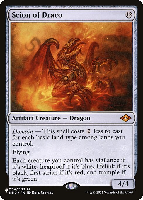 Domain — This spell costs {2} less to cast for each basic land type among lands you control.
Flying
Each creature you control has vigilance if it's white, hexproof if it's blue, lifelink if it's black, first strike if it's red, and trample if it's green.