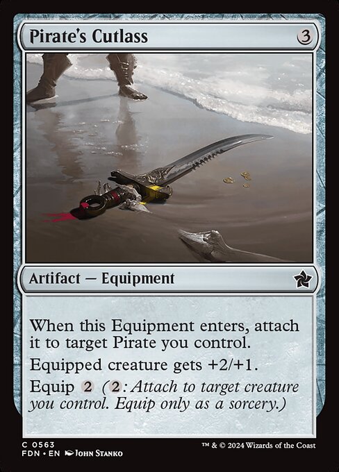 When this Equipment enters, attach it to target Pirate you control.
Equipped creature gets +2/+1.
Equip {2} ({2}: Attach to target creature you control. Equip only as a sorcery.)