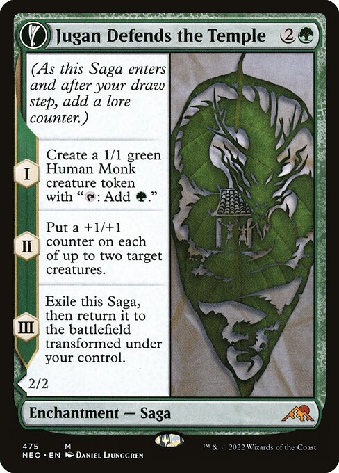 (As this Saga enters and after your draw step, add a lore counter.)
I — Create a 1/1 green Human Monk creature token with "{T}: Add {G}."
II — Put a +1/+1 counter on each of up to two target creatures.
III — Exile this Saga, then return it to the battlefield transformed under your control.   Flying
Whenever another creature enters the battlefield under your control, you may pay {X}. When you do, put X +1/+1 counters on that creature.
As long as you control five or more modified creatures, Remnan