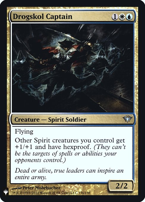 Flying
Other Spirit creatures you control get +1/+1 and have hexproof. (They can't be the targets of spells or abilities your opponents control.)
