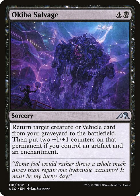 Return target creature or Vehicle card from your graveyard to the battlefield. Then put two +1/+1 counters on that permanent if you control an artifact and an enchantment.