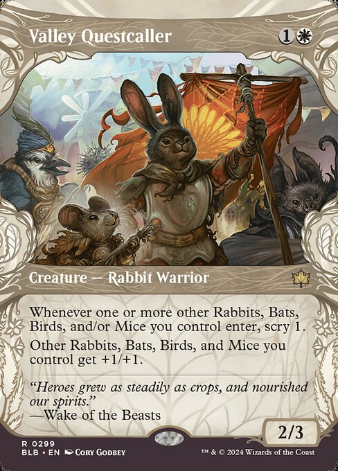 Whenever one or more other Rabbits, Bats, Birds, and/or Mice you control enter, scry 1.
Other Rabbits, Bats, Birds, and Mice you control get +1/+1.