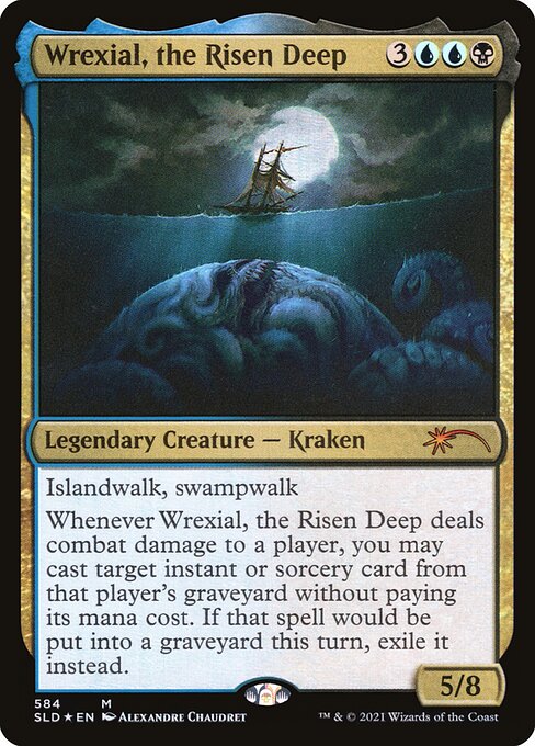 Islandwalk, swampwalk (This creature can't be blocked as long as defending player controls an Island or a Swamp.)
Whenever Wrexial, the Risen Deep deals combat damage to a player, you may cast target instant or sorcery card from that player's graveyard without paying its mana cost. If that spell would be put into a graveyard, exile it instead.