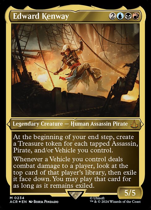 At the beginning of your end step, create a Treasure token for each tapped Assassin, Pirate, and/or Vehicle you control.
Whenever a Vehicle you control deals combat damage to a player, look at the top card of that player's library, then exile it face down. You may play that card for as long as it remains exiled.