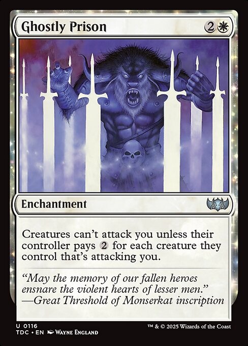 Creatures can't attack you unless their controller pays {2} for each creature they control that's attacking you.